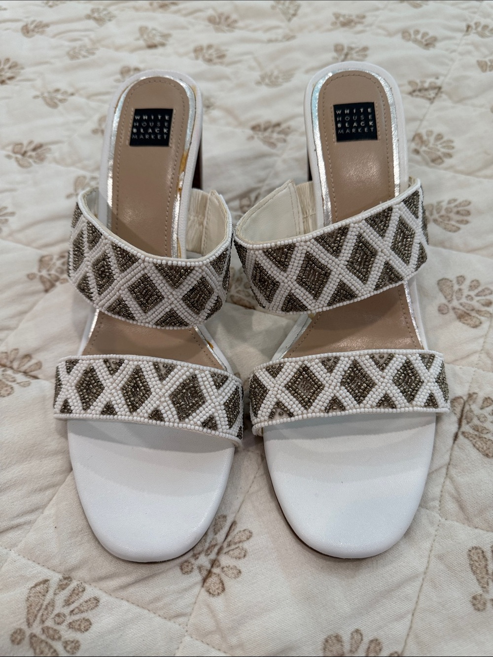 White House Black Market White Beaded Double-Strap Slide Mules